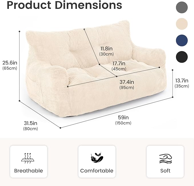 Pamapic 59" Bean Bag Chair, 2 Seat Loveseat Sofa, Ultra Soft Dutch Velvet - Image 2