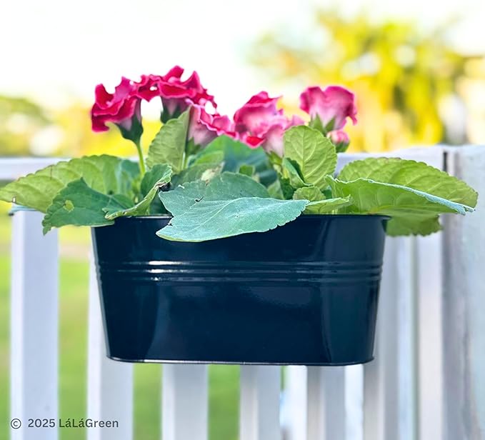 LaLaGreen Outdoor Rail Planter Black Metal Iron Hanging Flower Pots Deck - Image 9