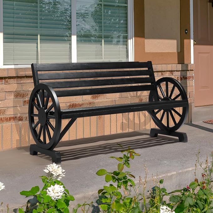 VINGLI Rustic Wooden Wheel Bench Outdoor Bench, Patio Bench Wagon Slatted Seat - Image 7