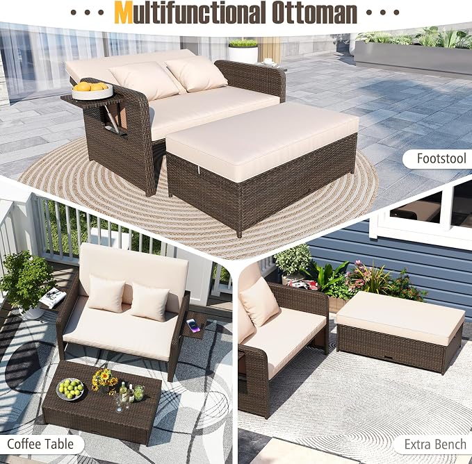 LDAILY Moccha Outdoor Daybed, Wicker Loveseat Sofa Set - Image 7