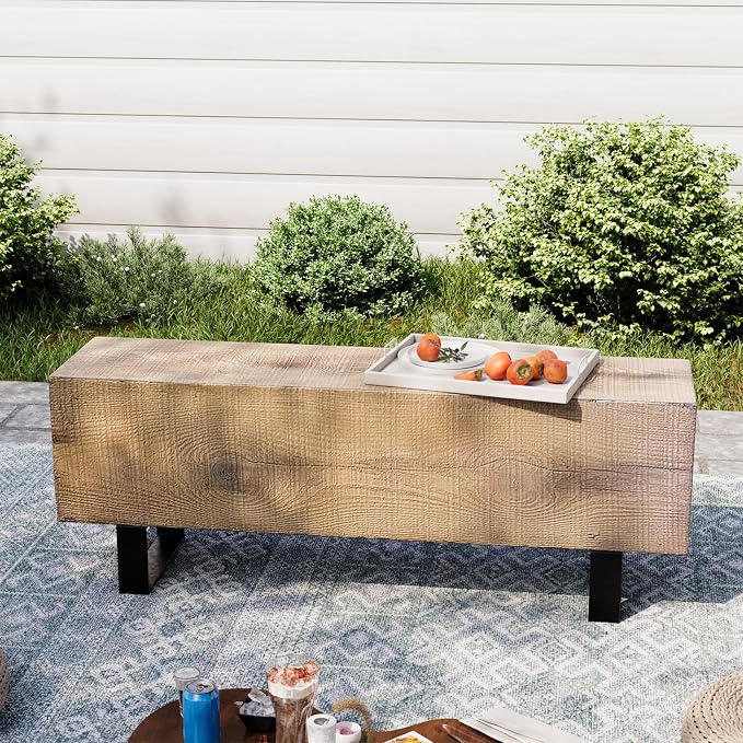 AQUILLA Modern Outdoor Bench, Faux Wooden Patio Bench, Concrete Backless Porch - Image 7