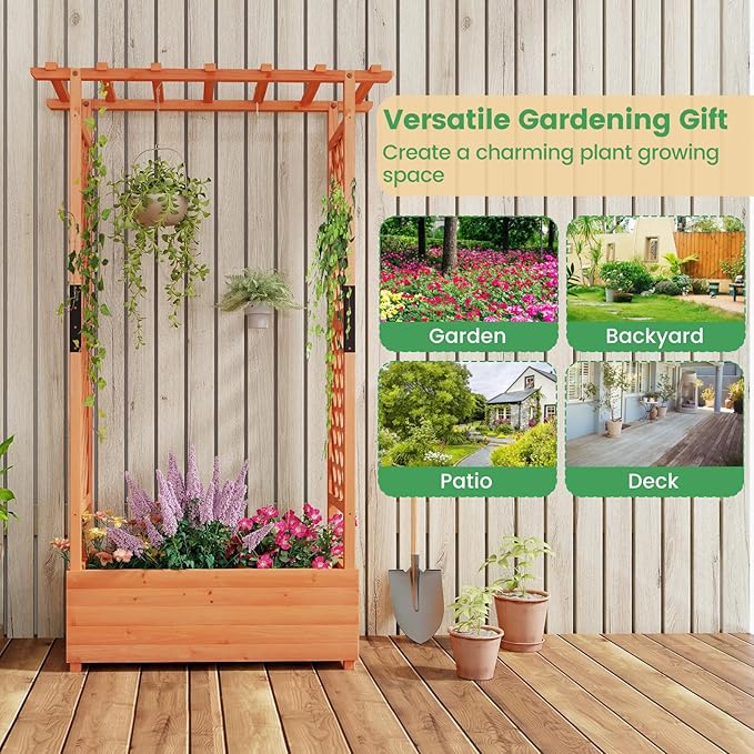 Giantex Raised Garden Bed with Trellis & Hanging Roof, Wood Planter Box with - Image 8