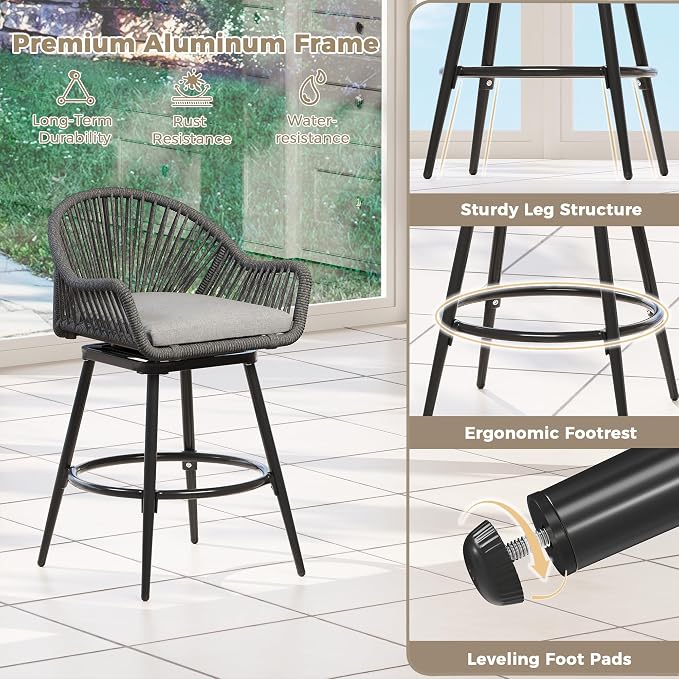 24” Outdoor Swivel Bar Stools Set of 2, Counter Height Bar Stools - Image 7