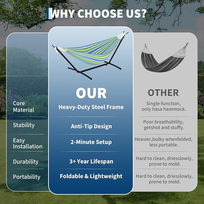 Double Hammocks with Stand for Outside, Portable Space Saving Heavy-Duty Steel - Image 5