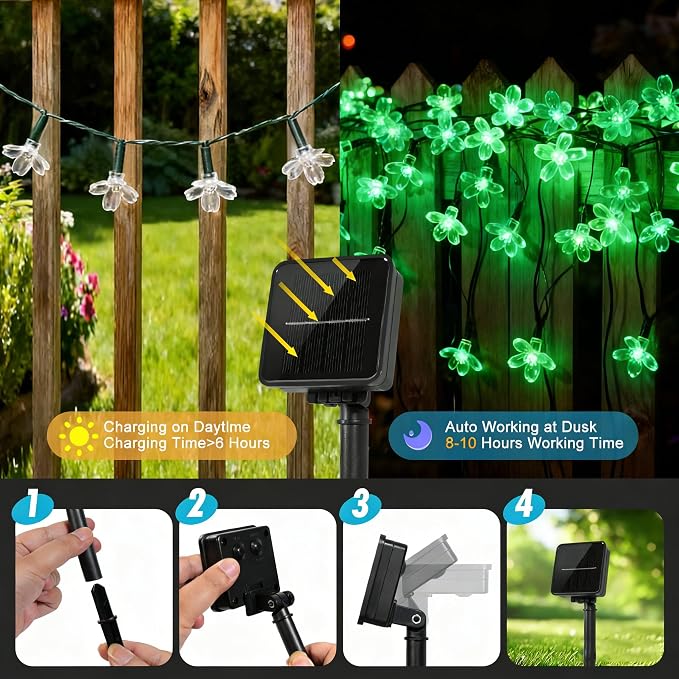 2 Pack Total 52FT 120 LED Solar String Lights Outdoor Waterproof Flower Fairy - Image 5