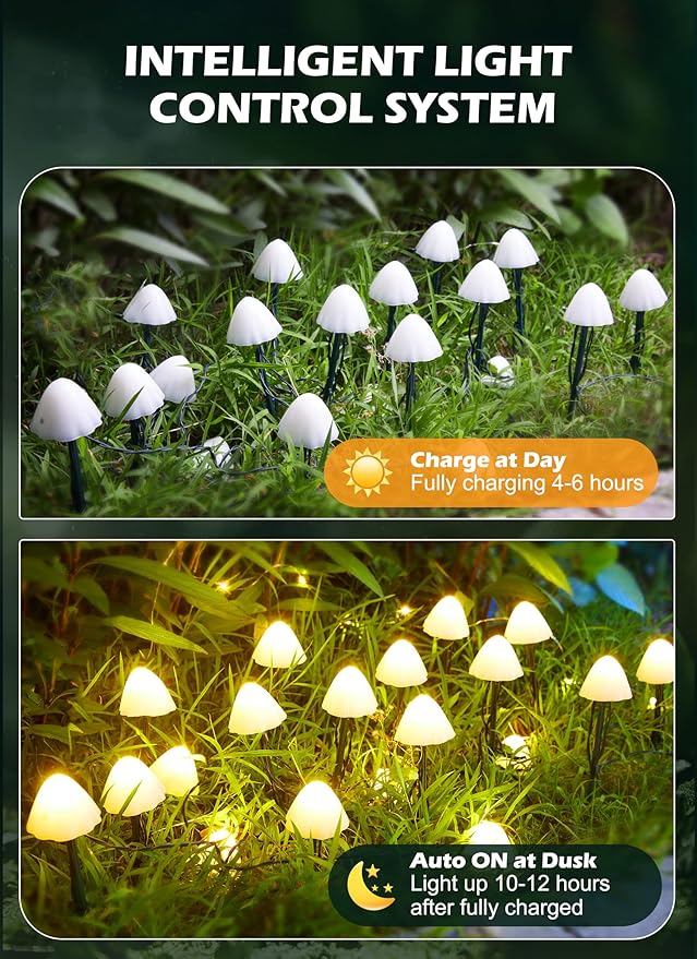 Solar Mushroom Garden Lights for Outside, 20 LED 32.8FT Solar Pathway Lights - Image 4