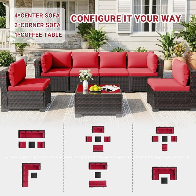 LEVELEVE 7 Pieces Outdoor Patio Furniture Sets, Rattan Conversation Sectional - Image 3