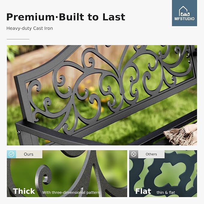 MFSTUDIO Outdoor Metal Bench Set of 2, Garden Patio 43.7 Inches Cast Iron Metal - Image 4