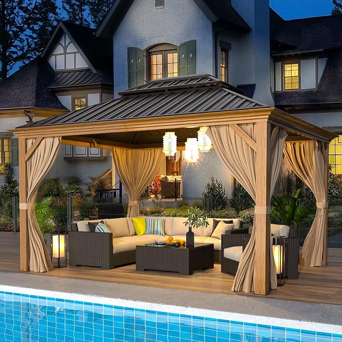 EROMMY 10'x12' Gazebo, Wood Grain Aluminum Frame Canopy - Image 8