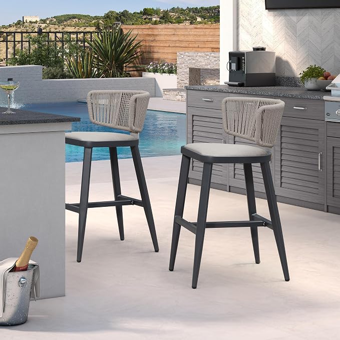 PURPLE LEAF Outdoor Bar Height Stool Set of 2 Modern Rattan Bar Chairs by PURPLELEAF
