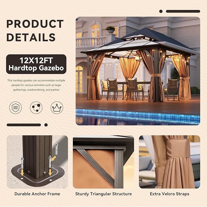 Aoxun 12'x12' Hardtop Gazebo, Outdoor Metal Gazebo - Image 8