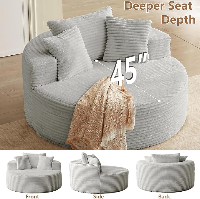 Oversized Round Chair Lounge Chaise Indoor, Upholstered Corduroy Deep Seat - Image 5