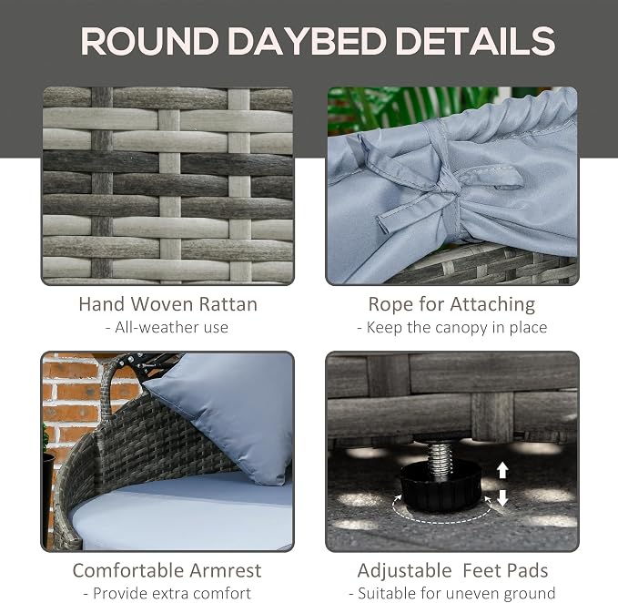 Outsunny 4-Piece Outdoor Rattan Furniture Set, Round Convertible Patio Daybed - Image 5