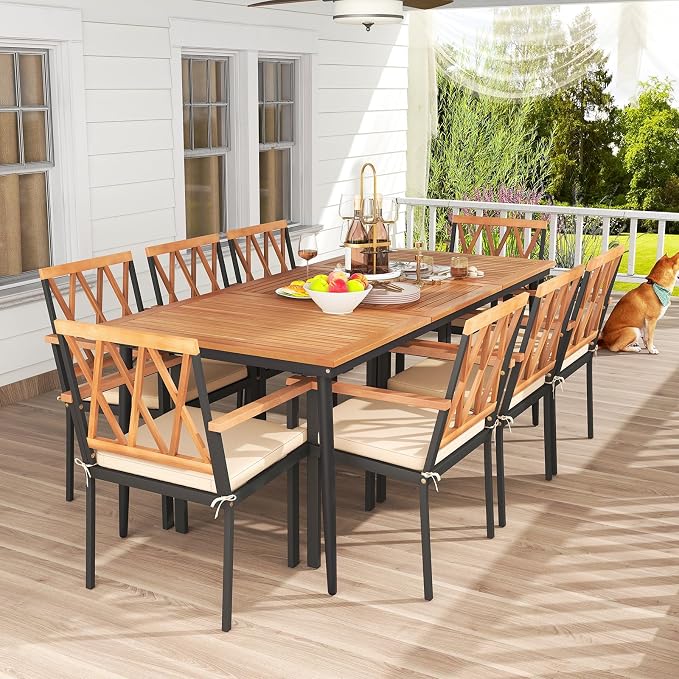 Tangkula 9-Piece Patio Dining Set, Outdoor Acacia Wood Dining Table - Image 3