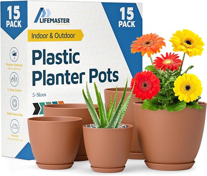 Terracotta Plant Pots with Drainage Holes & Saucers 15 Pack, Indoor & Outdoor by LIFEMASTER
