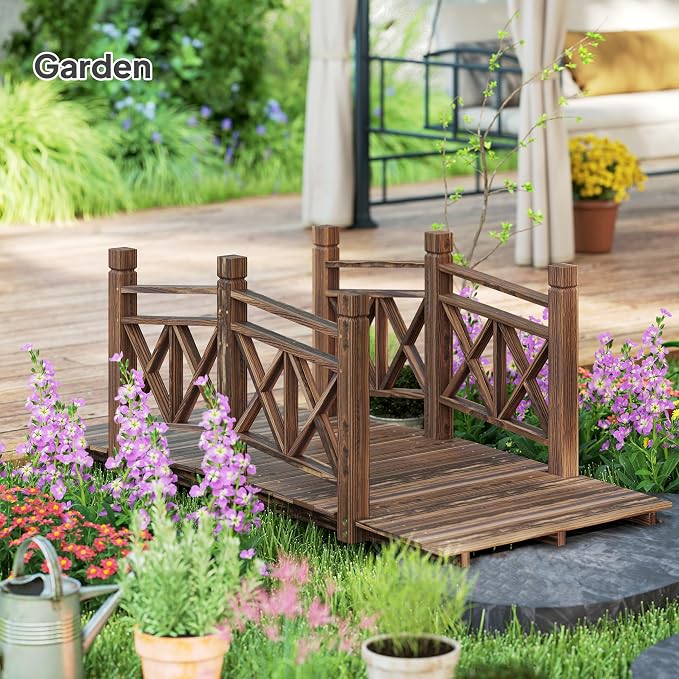 5FT Wooden Garden Bridge with Handrails, Decorative Landscape Footbridge - Image 6