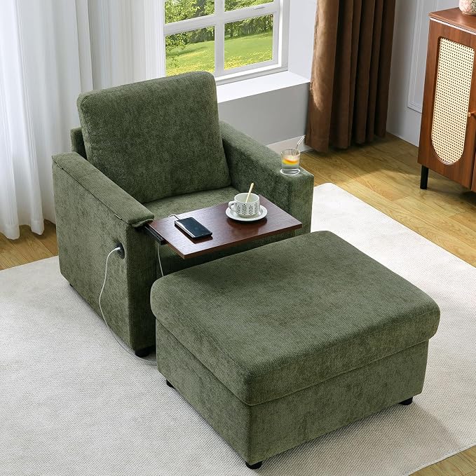 Modern Accent Chairs with Storage Ottoman Set, Chenille Reading Armchair with by ElevyolivFurniture