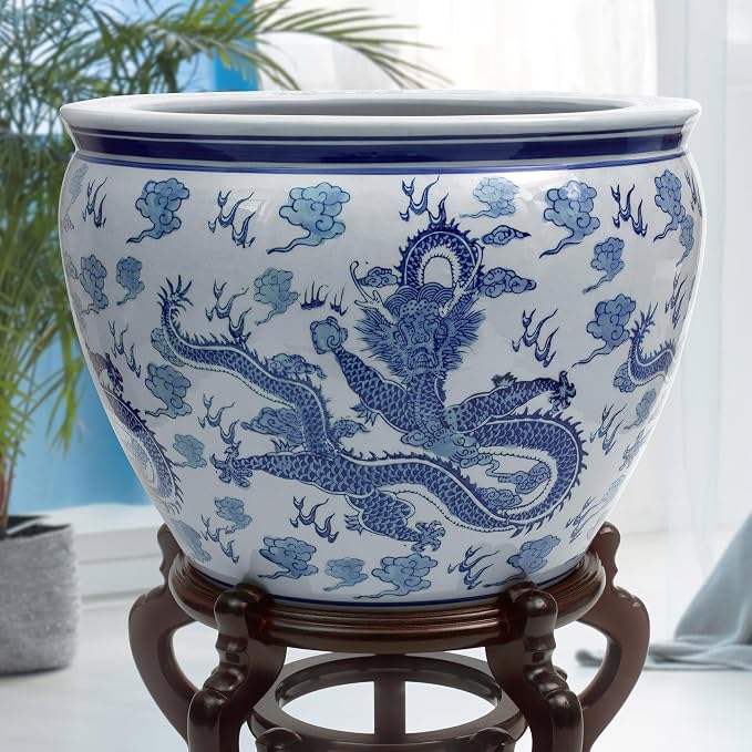 16" Dragon Blue & White Porcelain Fishbowl - Image 7