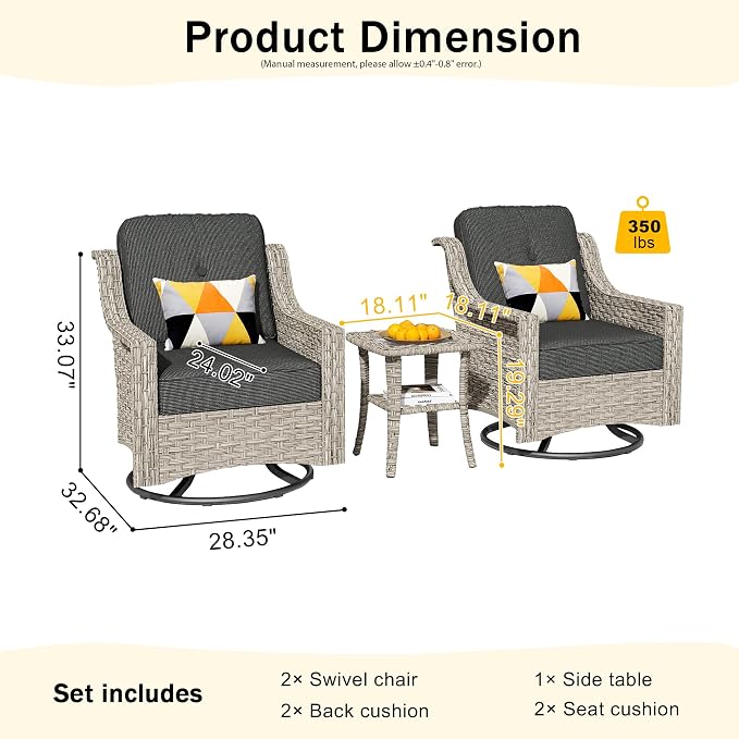 HOOOWOOO 3 Piece Patio Furniture Bistro Sets, Outdoor Wicker Swivel Rocking - Image 7