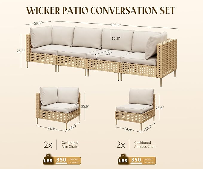 LHBcraft 4 Piece Wicker Patio Furniture Set Boho, Modular Outdoor Couch - Image 2
