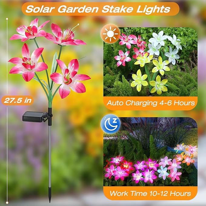 Aukora Solar Garden Lights Outdoor 5 Pack, 5 Colors Lily Flowers & 7-Color - Image 3