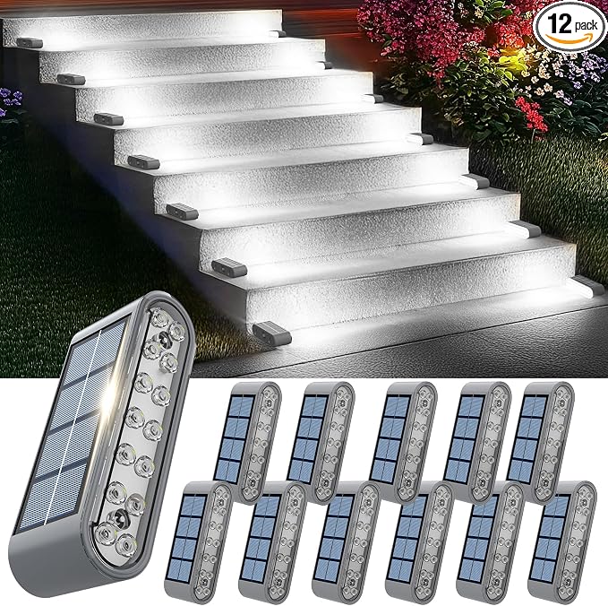 Solar Step Lights for Outside, 14 LED Cool White Light Solar Powered Lighting by XILLUMICORE