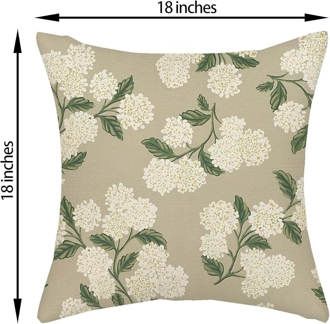 Beige Spring Pillow Covers 18x18 Inch 2 Pcs Khaki Green Hydrangea Flower Decor - Image 6