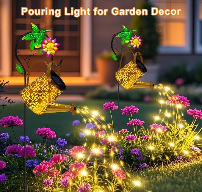 Solar Metal Watering Can with Hummingbird Shepherd Hook and Cascading Lights - Image 4