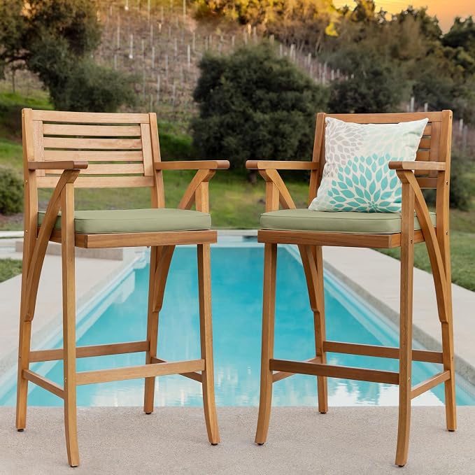 Best Choice Products Set of 2 Outdoor Acacia Wood Bar Stools Bar Chairs - Image 2