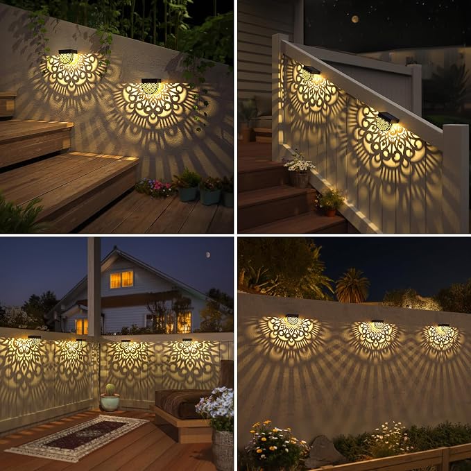6 Pack Solar Fence Lights Outdoor Wall Lights Black Plastic Solar Powered Deck - Image 5