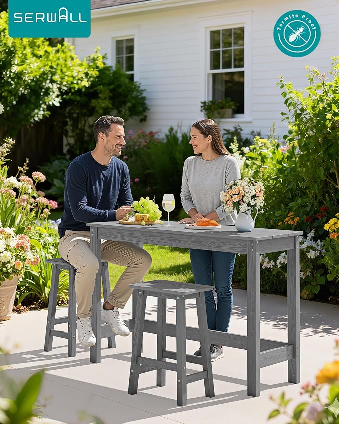 SERWALL 3-Piece Outdoor Bar Set, Rectangular All Weather HDPE Bar Height Patio - Image 6