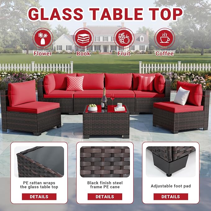 LEVELEVE 7 Pieces Outdoor Patio Furniture Sets, Rattan Conversation Sectional - Image 5