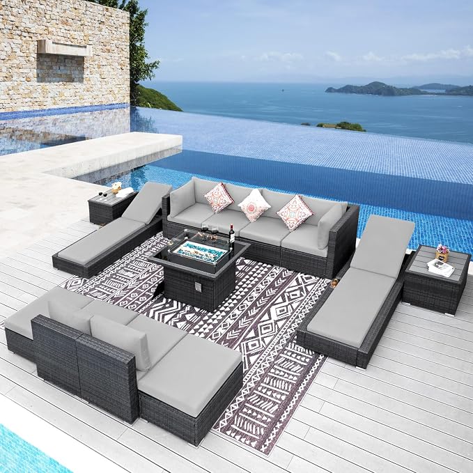 NICESOUL 13 Piece Patio Sectional w/Fire Pit, Modular Wicker Outdoor Couch by NICESOUL