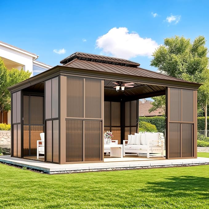 EROMMY 12' X 14' Hardtop Sunroom, Galvanized Steel Double Roof Gazebo Solarium by EROMMY