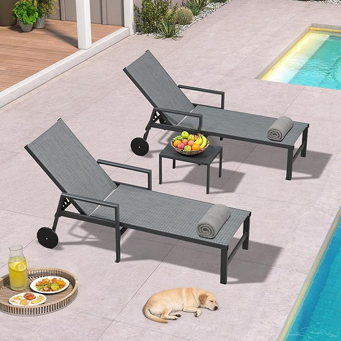 PURPLE LEAF 3 Pieces Outdoor Chaise Lounge Aluminum Patio Lounge Chair by PURPLELEAF