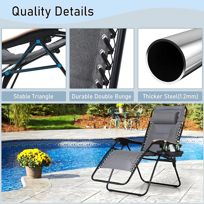 PHI VILLA XXL Oversized Padded Zero Gravity Chair Set of 2, Foldable Patio - Image 4