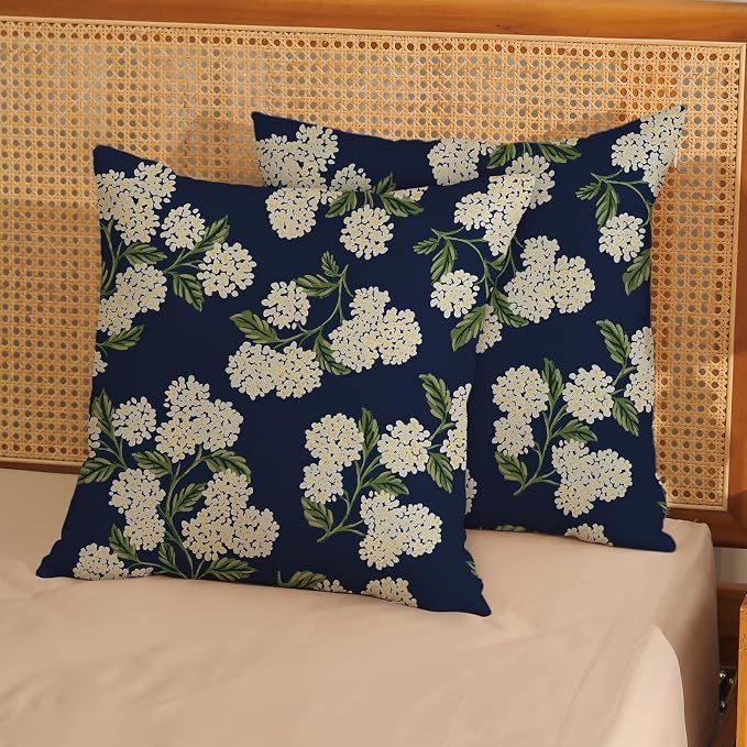 Navy Blue Spring Pillow Covers 20x20 Inch 2 Pcs Green Yellow Hydrangea Flower - Image 2