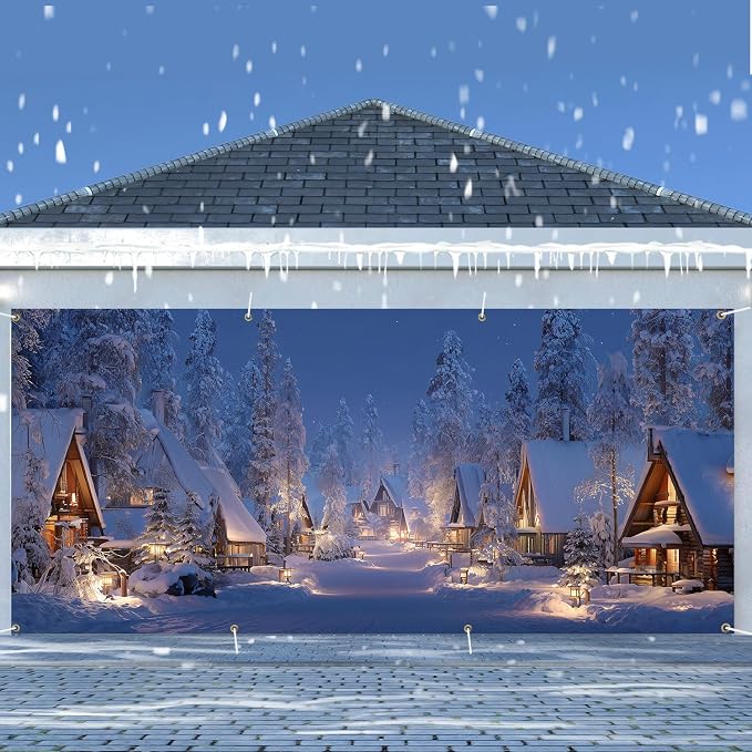 Snowy Winter Village Garage Door Decorations 6x13FT, Cozy Christmas Cabin - Image 2