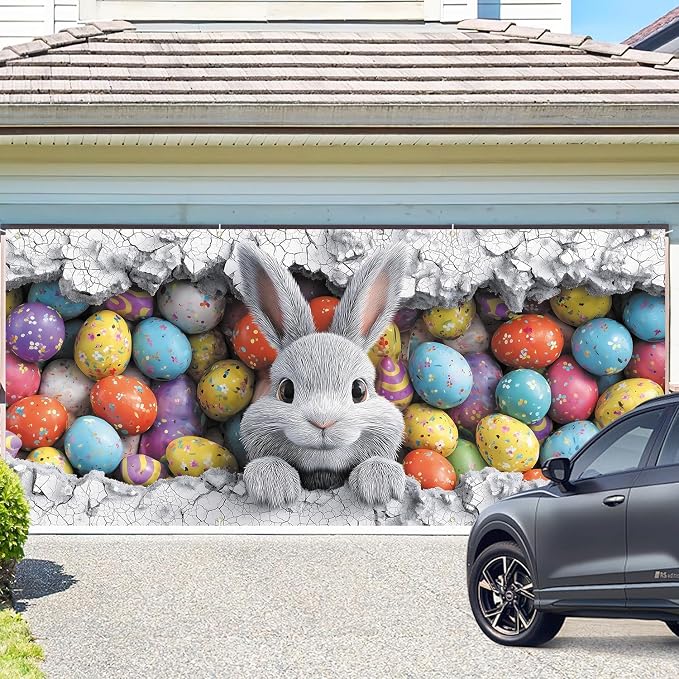 ANNA QUEEN Easter Bunny Garage Door Banner 6x13FT, Cute Rabbit Peeking Cracked - Image 2