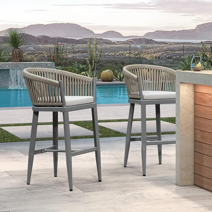 PURPLE LEAF Outdoor Bar Height Stools Set of 2 Patio Metal Modern Wicker Bar by PURPLELEAF