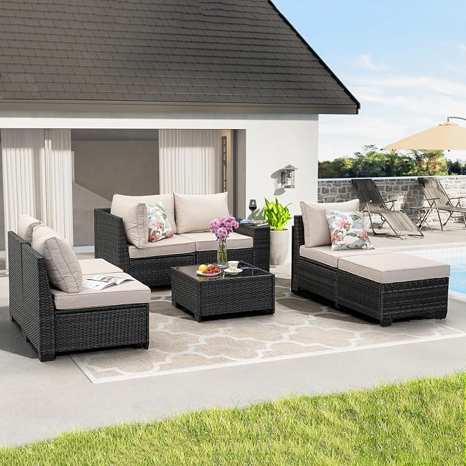 7 Pieces Patio Furniture Set All-Weather Outdoor Wicker Sectional Conversation - Image 8