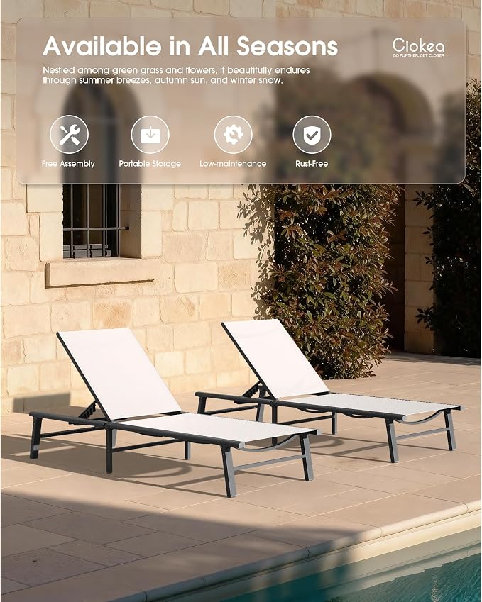Ciokea Foldable Outdoor Lounge Chair Set of 2, No Assembly Aluminum Chaise - Image 8