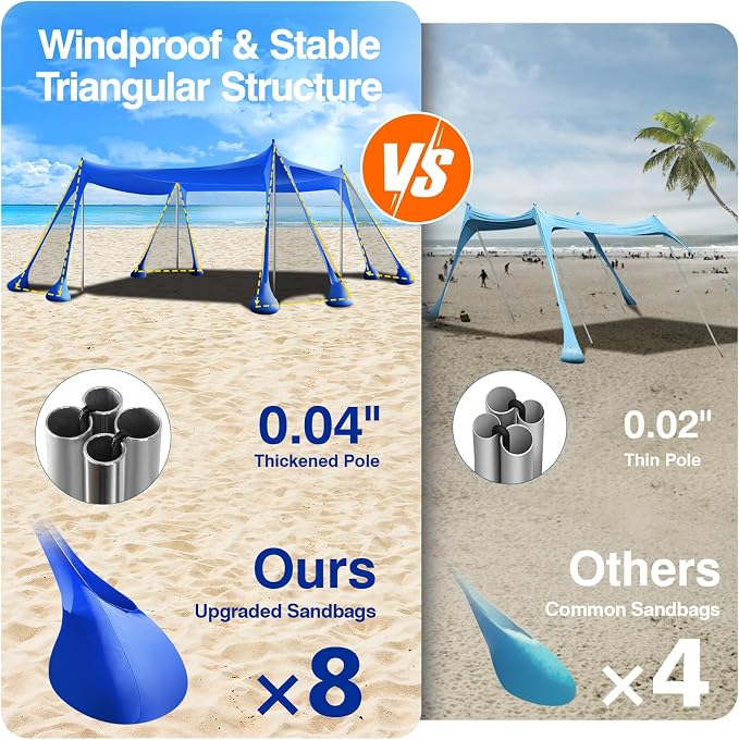 Rhino Valley Beach Tent Shade Canopy UPF50+ Protection, 8 Sandbags, 4 Stability - Image 2