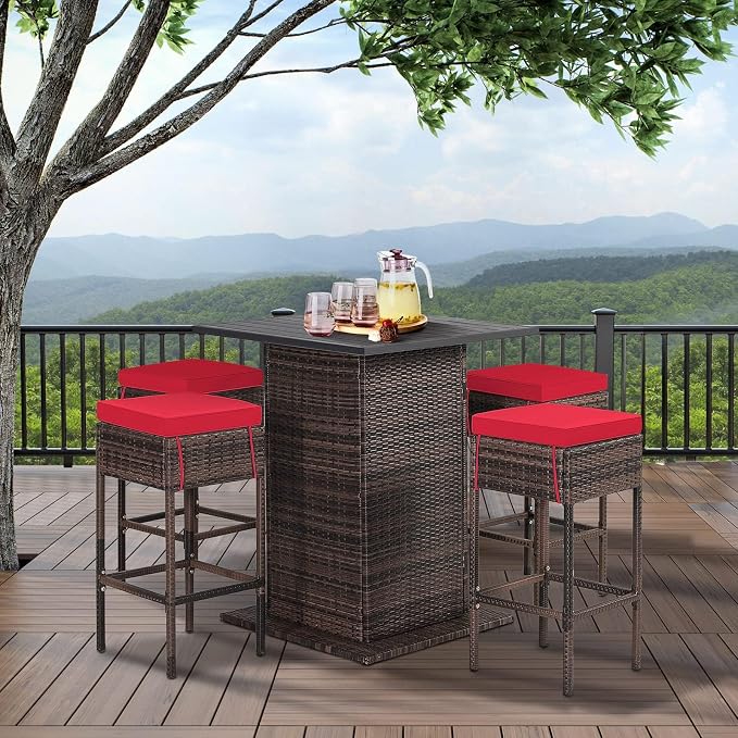 HAPPYGRILL 5 Pieces Rattan Bar Set, Outdoor Wicker Bar Table and 4 Bar Stools - Image 3