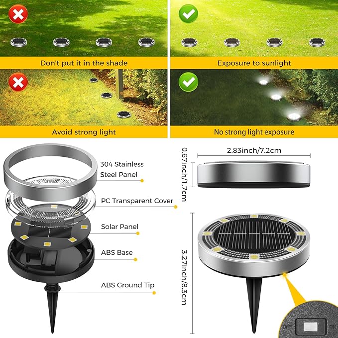 20 Pack Solar Ground Lights Outdoor, 8 LED Mini Flat Solar Disk Lights - Image 6