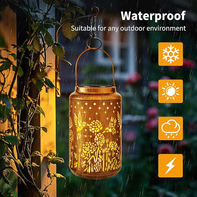 Brizled Hummingbird Solar Lantern Lights, 2 Pack LED Hollow Out Hanging Lantern - Image 5