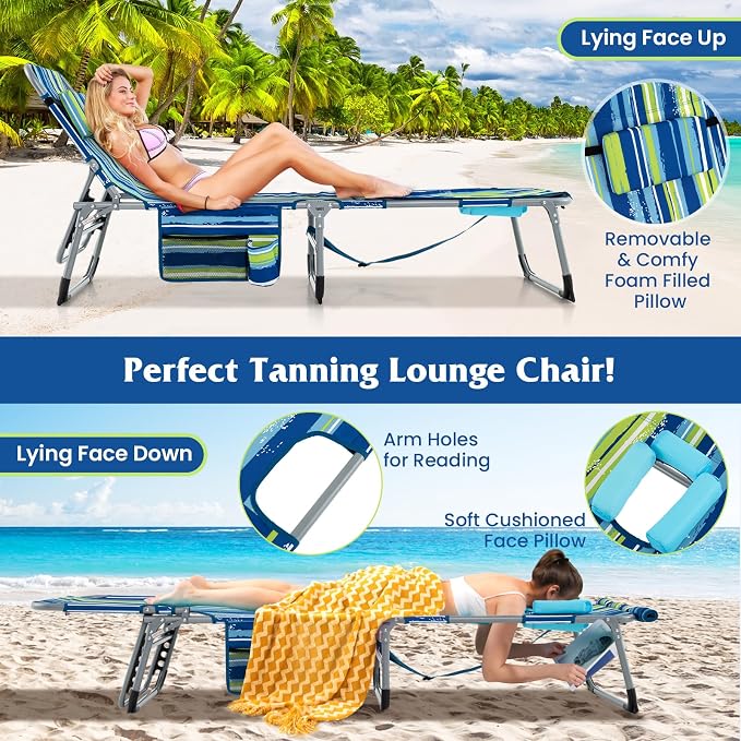 GYMAX Tanning Chair, 330LBS Beach Lounge Chair w/Face Arm Hole & Hand Shoulder - Image 5