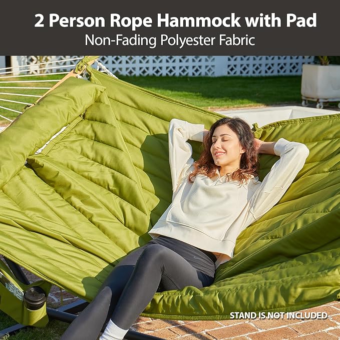 Outdoor Double Hammock with Hardwood Spreader Bars, Large Rope Hammock with - Image 2