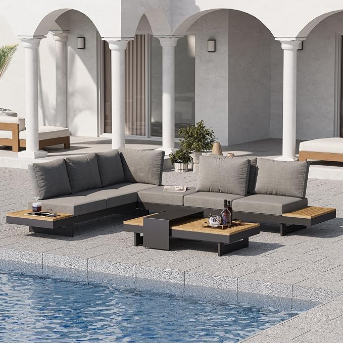 homary Outdoor Conversation Sets, 6 Piece Aluminum & Teak Patio Sectional Sofa by Homary