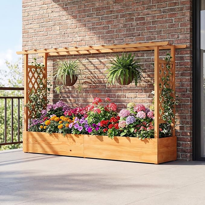 Giantex Raised Garden Bed with Trellis & Hanging Roof, Wood Planter Box with - Image 7